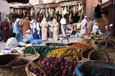 Efter att vi har installerat oss på hotellet går vi in i medinan, den gamla stadsdelen i Marrakech